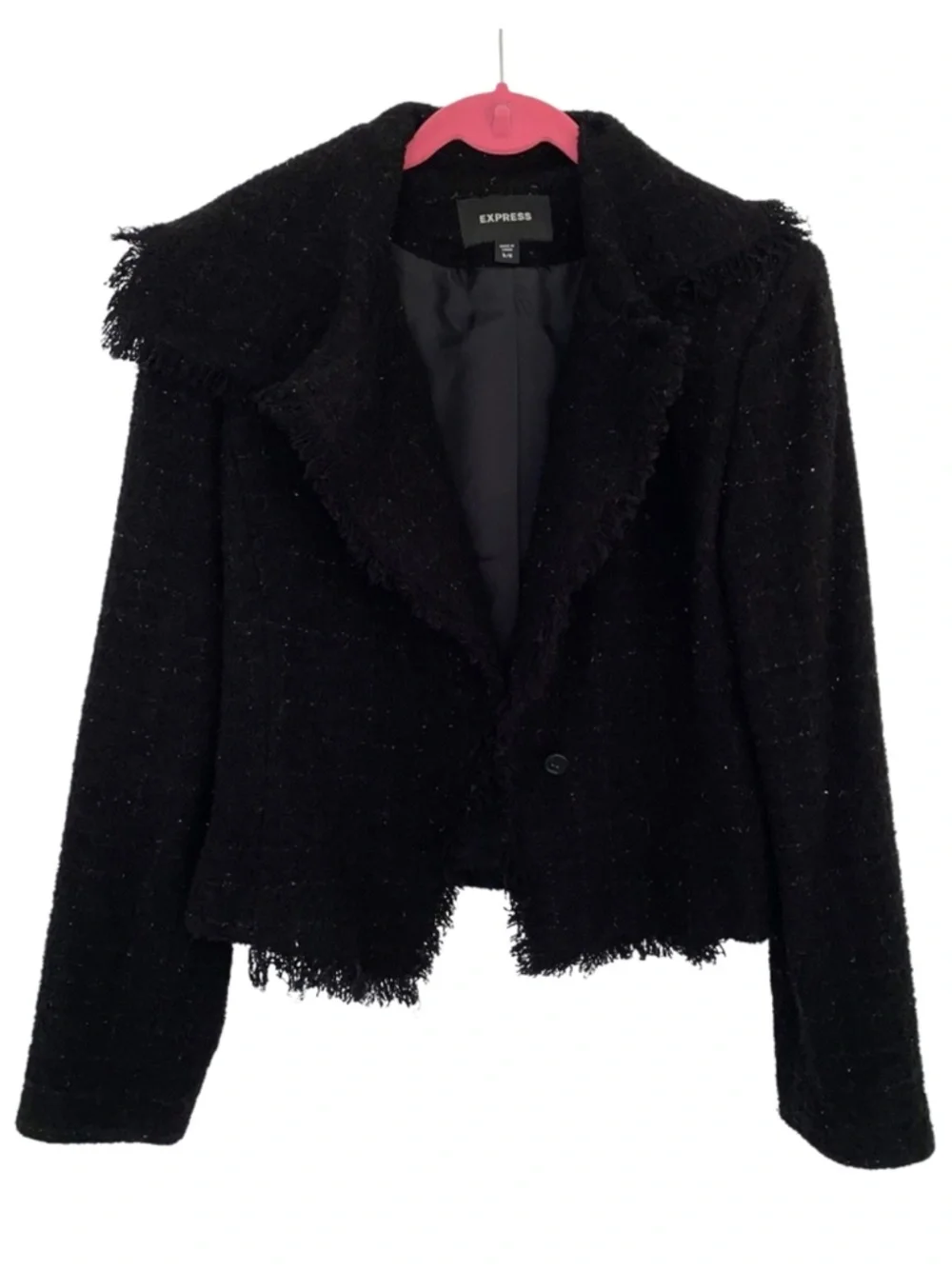 Express Wool Blend Boucle Fringe Trim Moto Jacket Black 5/6